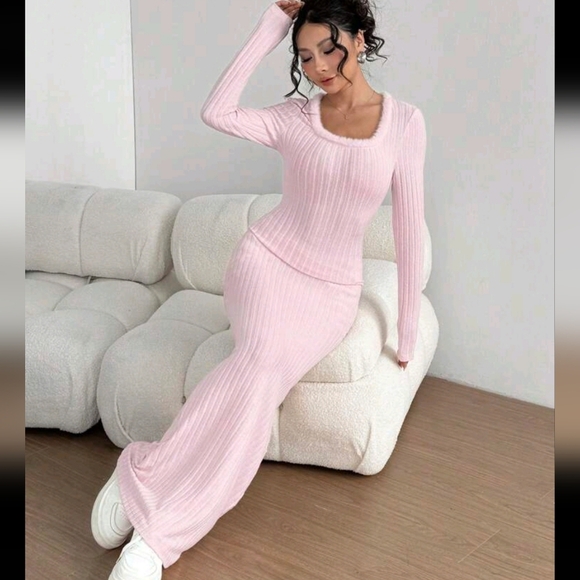 Women's Elegant Casual Fitted Long Dress With Fuzzy Rib Knit Fabric, Pink
